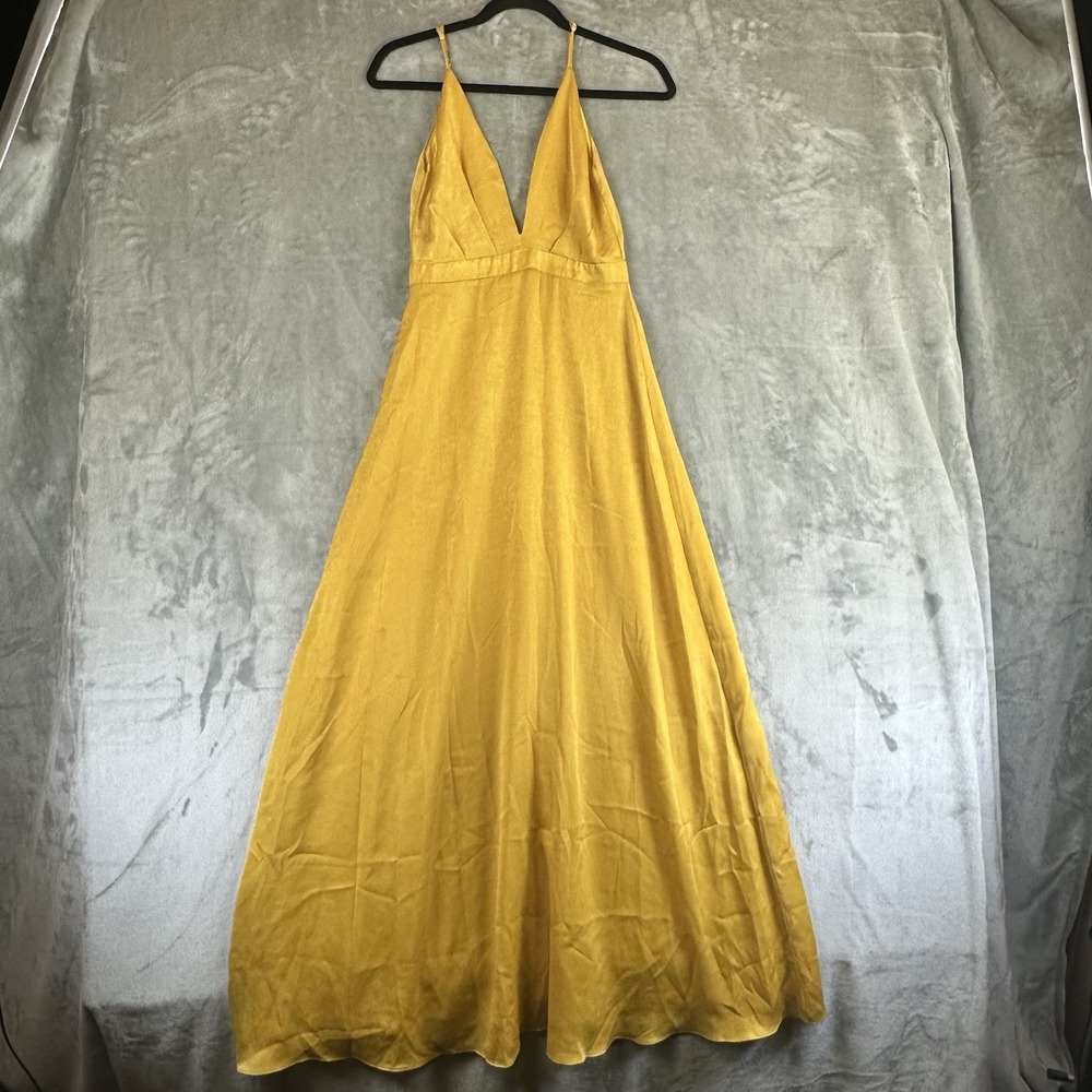 4si3nna Maxi Dress Women's S Yellow Satin V-Neck
